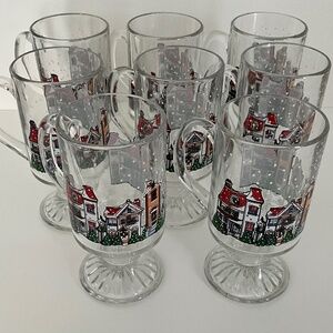 Luminarc Vintage Colorful Holiday Village Pedestal Handled Irish Coffee Mugs 8